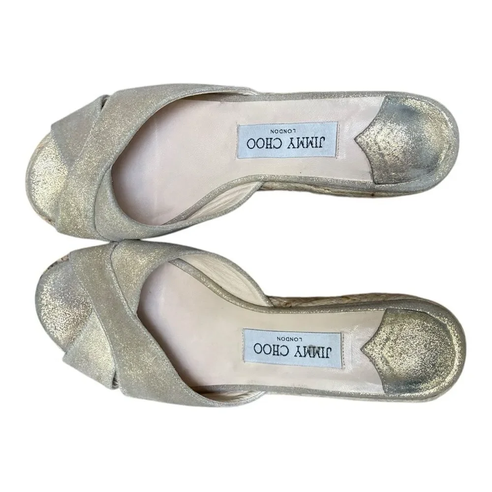 Jimmy Choo Gold Shimmer Espadrille Wedge Sandals Crisscross Women’s Size 39 8.5